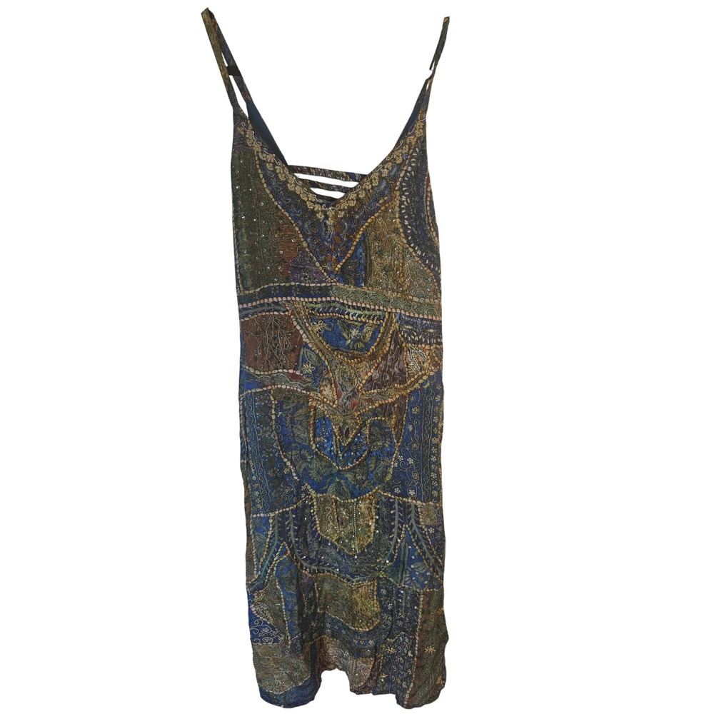 Leifsdottir Anthropologie Blue Silk Sequin Embroidered Boho Slip Dress Size 6 WT